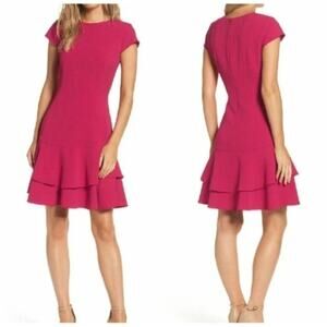 NWT Eliza J stretch ruffle crepe berry short sleeve mini dress woman's size 16